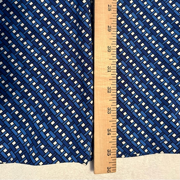 J. McLaughlin Blue & White Weave Print Stretch Dress M ruffle neckline 3/4 slv - Picture 6 of 10